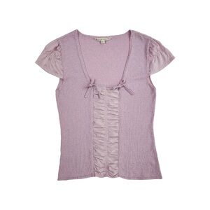 Purple milkmaid peasant blouse with bow detailing and satin cap sleeves